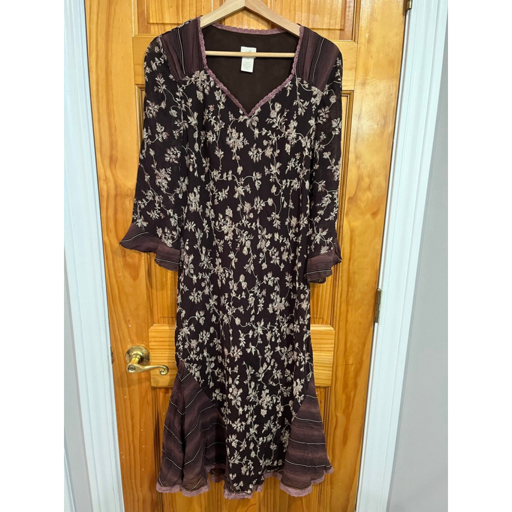 J.Jill Y2K Brown Sheer Feminine Brown Floral Stripes Dainty Lace Trim Dress